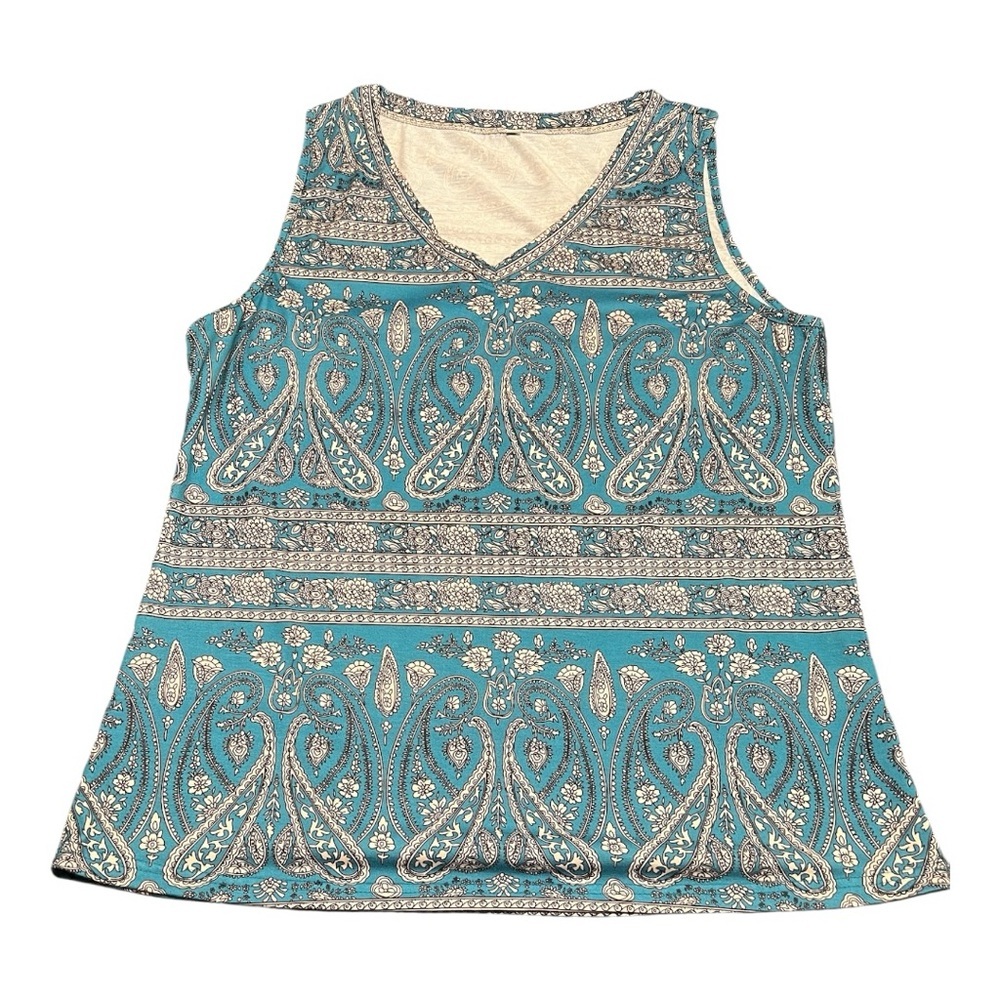 Sleeveless V-Neck Tank Top in Teal Paisley